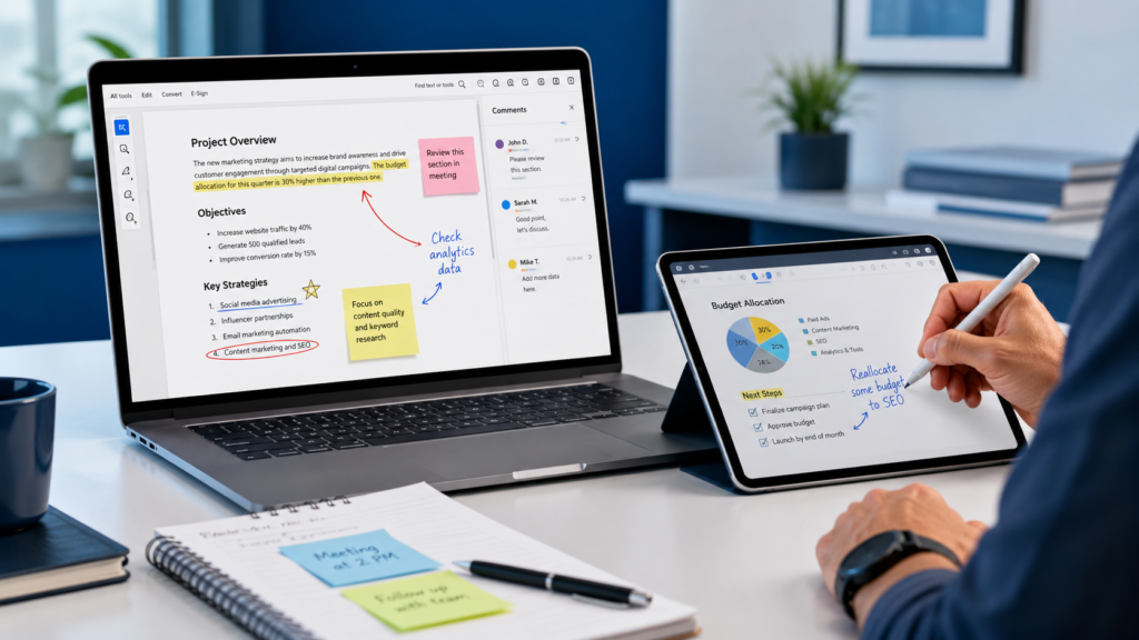 PDF annotation tools for highlighting, commenting, and reviewing PDF documents on laptop and tablet.