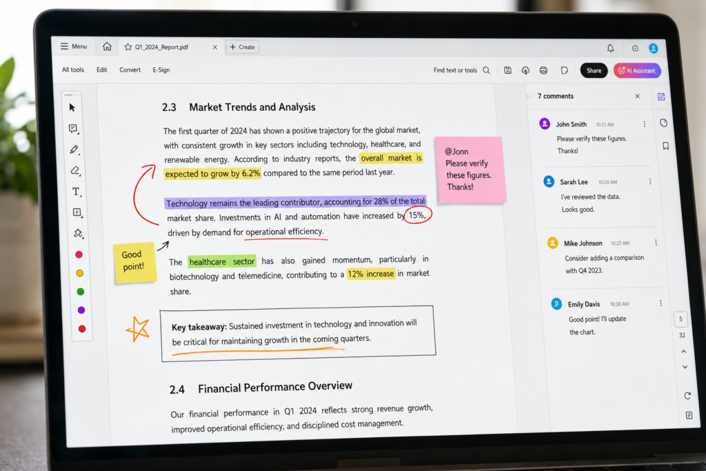 PDF annotation tools with highlights, comments, and sticky notes on a digital document.